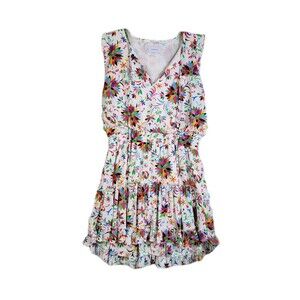 Anthropologie Adrienne Blouson White Dress Floral Peacock Women's Large Boho